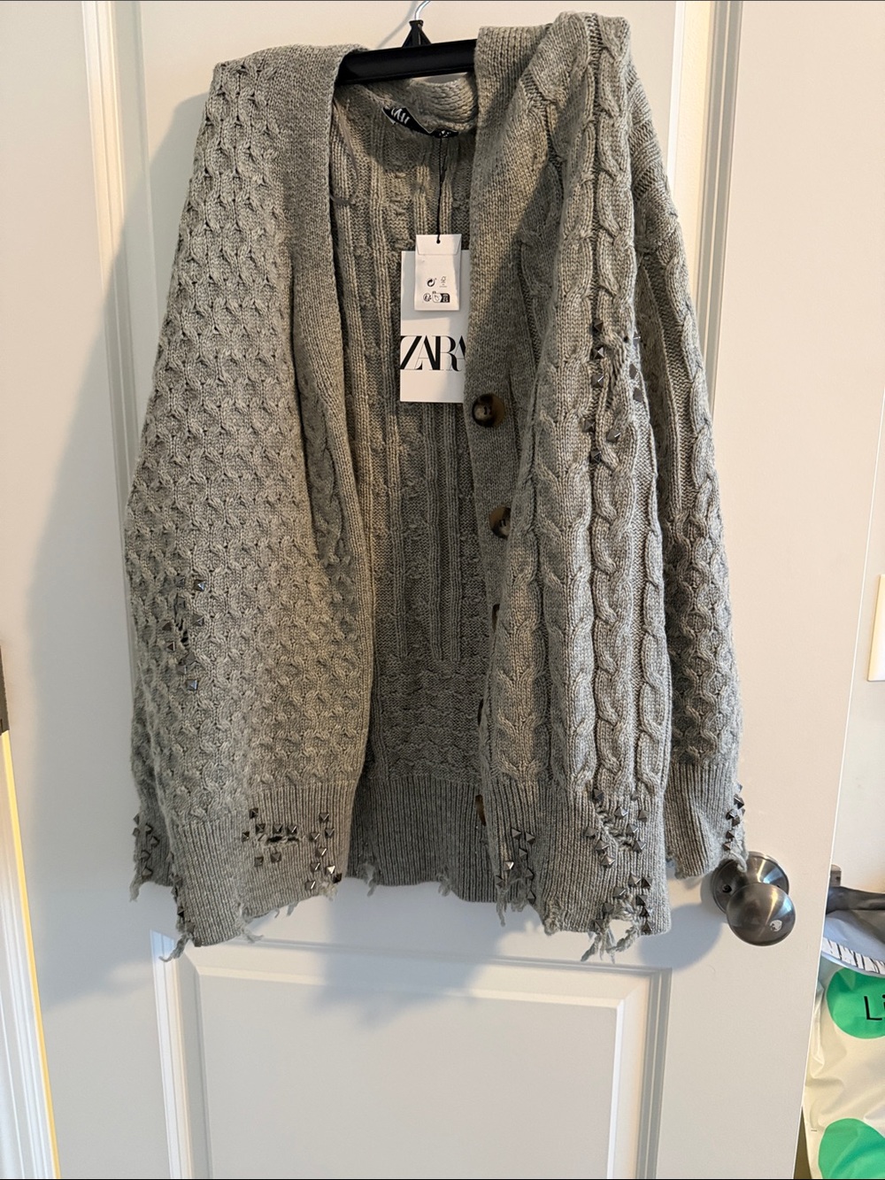 ZARA Gray Distressed Cable-Knit Cardigan